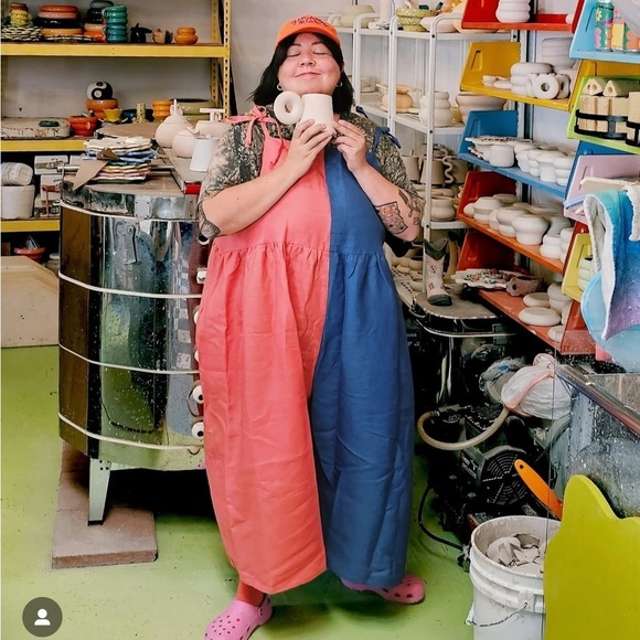 maker & mineral Pants - Maker & Mineral Mica Half & Half Jumpsuit Linen Berry Periwinkle L EUC